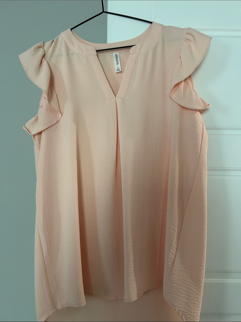 Zenana Outfitters Blush Peach Ruffle Cap-Sleeve V-Notch Blouse